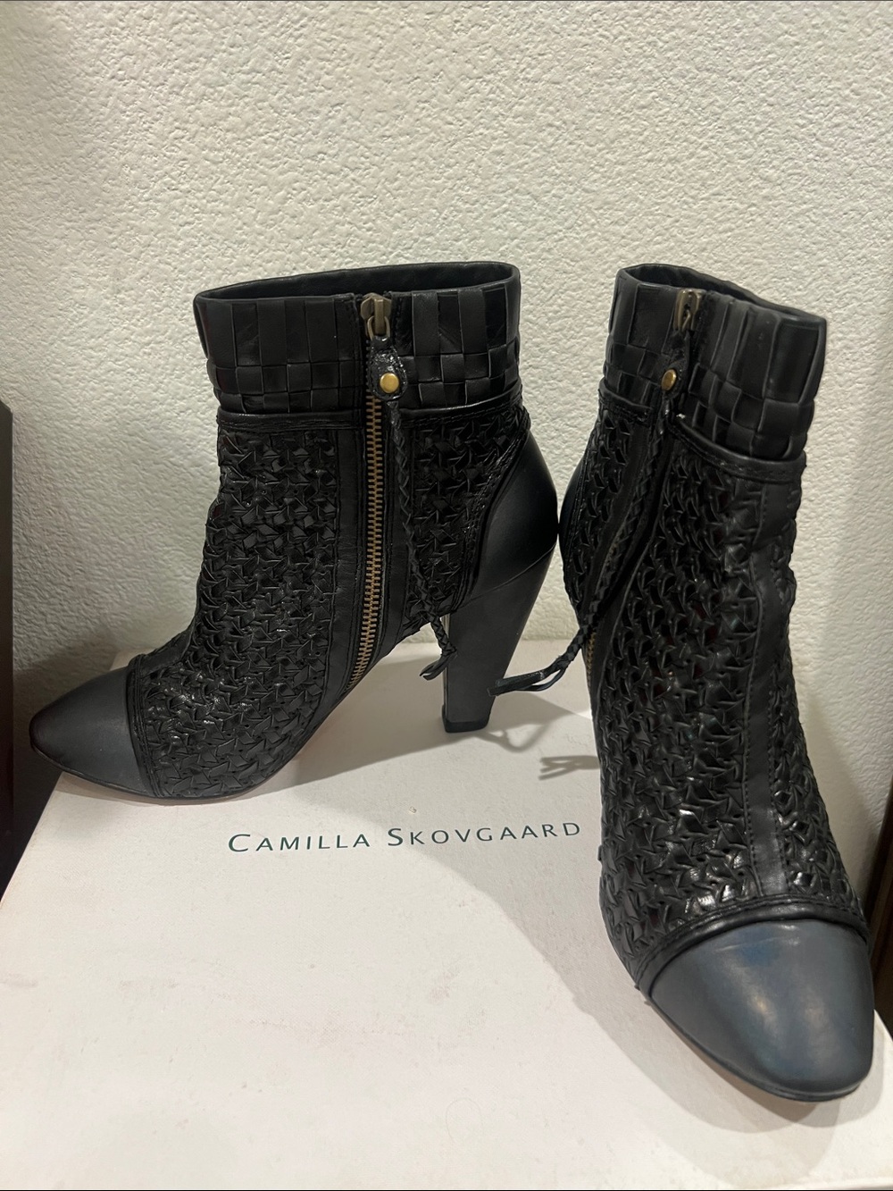 Camilla Skovgaard Black Woven Leather Ankle Boots, size 8.5
